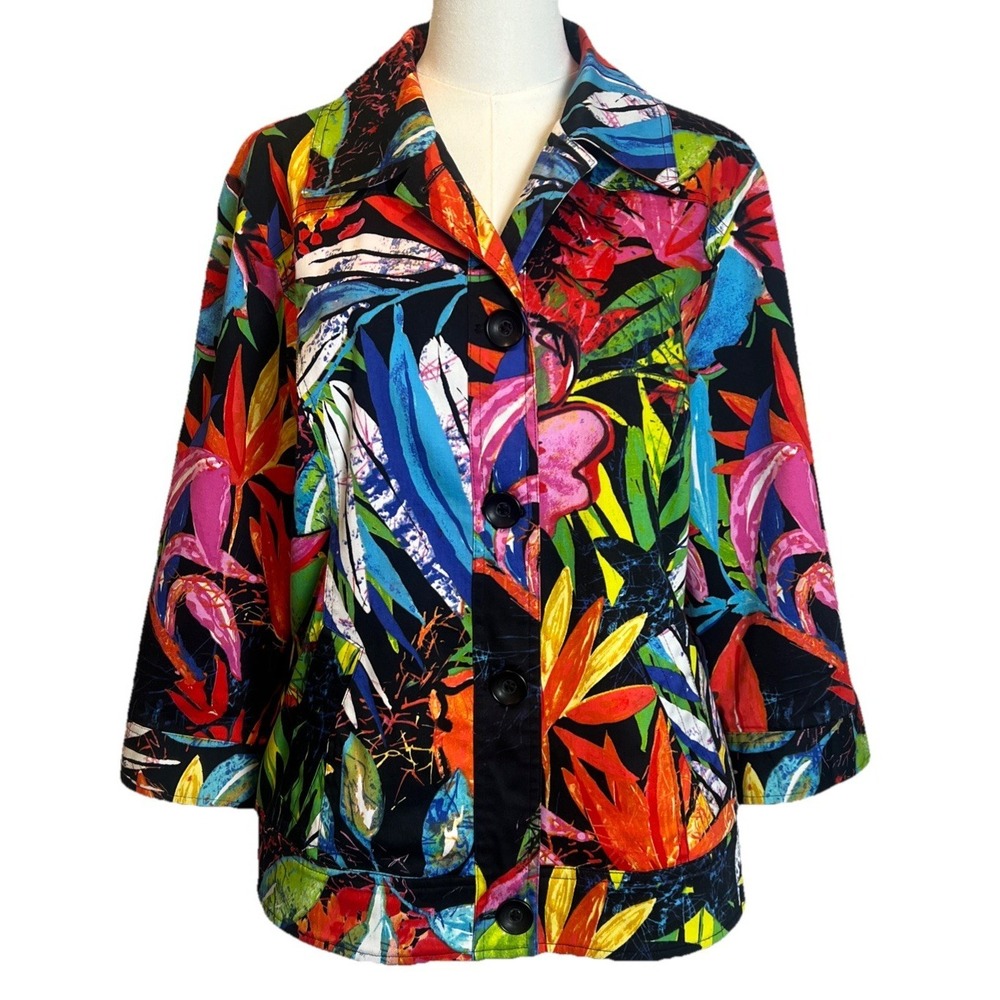 Chico's Tropical Floral Button Front Jacket Multicolor 3/4 Sleeve Women's Size 2